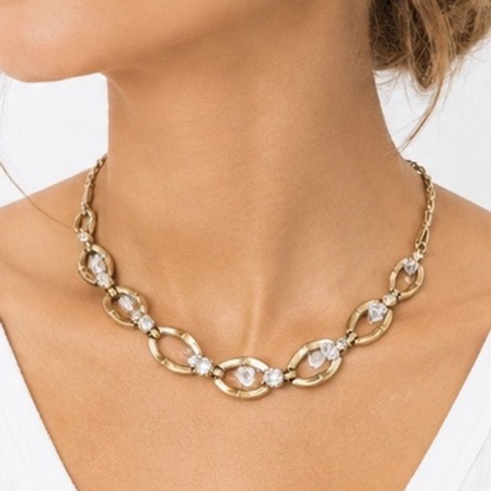 Vintage Gold Tone Crystal Oval Link Choker Necklace Adjustable J-Hook Collar